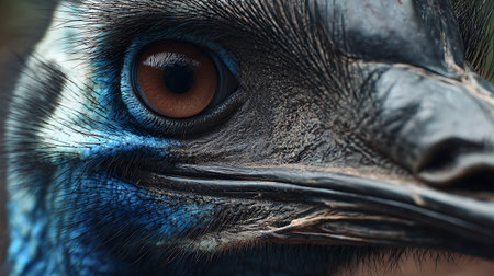 Close up of an emu bird with blue eyes and black feathersの素材