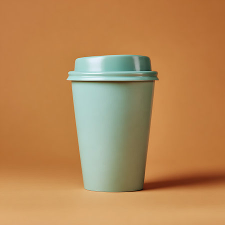 Coffee cup on orange background. Minimal style. Copyspace.の素材