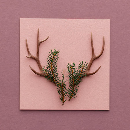 Creative layout made of christmas tree branches and deer antlers on pastel pink background. Minimal holiday concept. Flat lay, top view.の素材