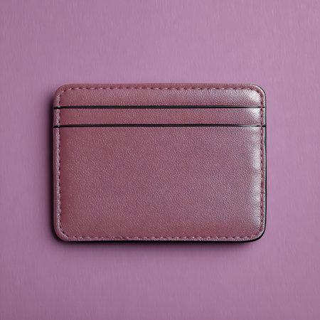 Leather wallet on a pink background. Flat lay, top view.の素材