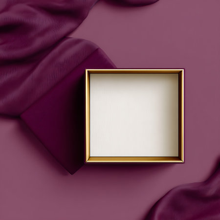 Gold picture frame on purple silk background. Top view. 3d renderの素材