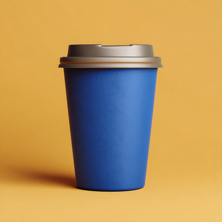 Blue paper coffee cup on a yellow background. 3d rendering.の素材