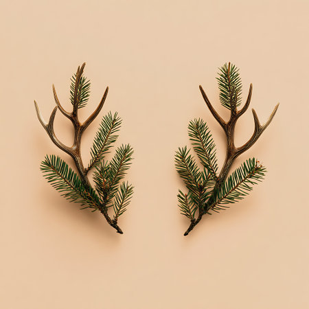 Two reindeer antlers with fir branches on beige backgroundの素材