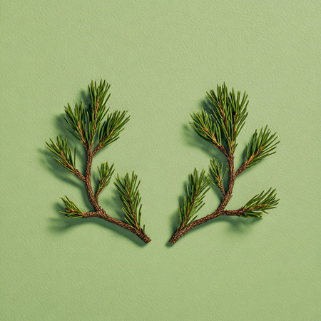 Pine branches on a green background. Minimalist concept.の素材