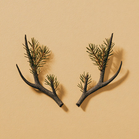 Creative layout made of christmas tree branches. Minimal winter concept. Flat lay, top view.の素材