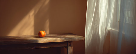 Orange fruit on wooden table in room with sunlight and shadows from windowの素材