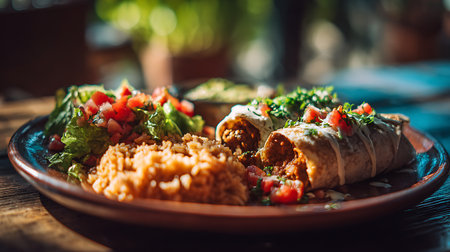 Mexican tacos with meat, rice and vegetables on wooden table.の素材