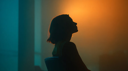 Silhouette of a young woman sitting on a chair in the eveningの素材