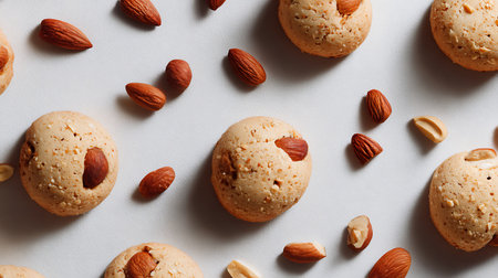Almond cookies with nuts on white background, top view, flat layの素材