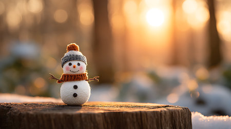 Snowman with hat and scarf on wooden stump in winter forest at sunsetの素材