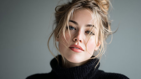Portrait of a beautiful young woman in a black sweater on a gray backgroundの素材