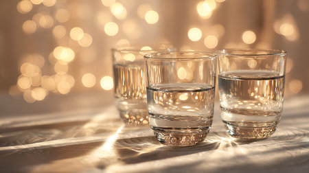 Glasses of vodka on wooden table against blurred lights, closeupの素材
