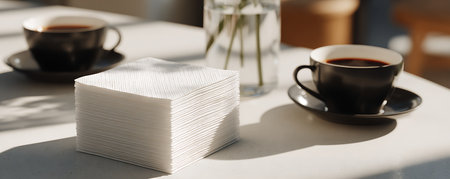 Coffee cup and stack of paper napkins on white tableの素材