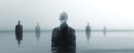 Silhouette of a man standing in the mist, 3d renderの素材