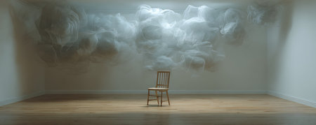 3d rendering of a chair in an empty room with smoke cloudsの素材
