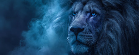 Portrait of a male lion on a blue background with smoke.の素材