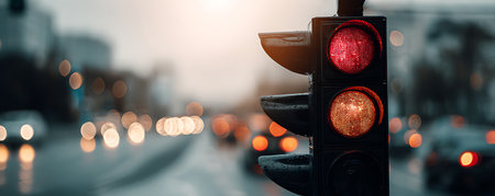 Traffic light in the city at night with bokeh backgroundの素材