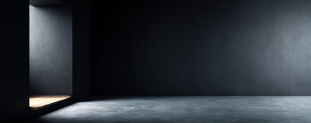Empty room with concrete floor, black wall and floor. 3d renderingの素材