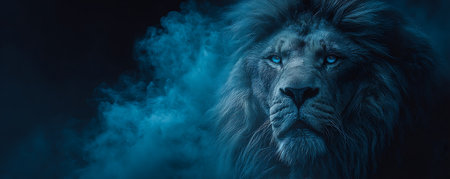 Portrait of a lion on a dark blue background with smoke.の素材