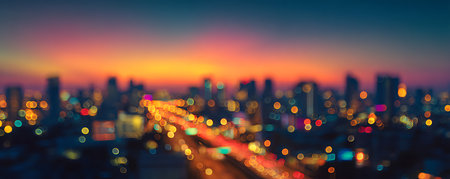 Blurred view of cityscape at twilight, Bangkok, Thailand.の素材