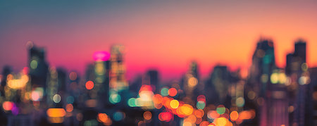Blurred bokeh of cityscape at sunset, abstract backgroundの素材