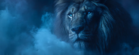 Big male lion with blue eyes in the smoke. Wild animal.の素材