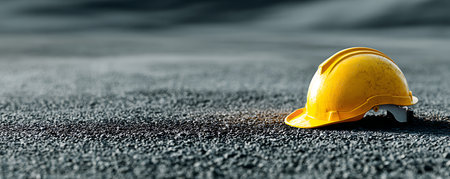 Yellow hard hat on the asphalt road. Construction and safety concept.の素材