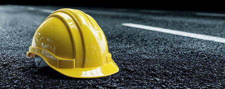 Yellow hard hat on the asphalt road. 3D rendering image.の素材