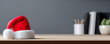 Wooden table with Santa Claus hat and office supplies.の素材