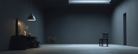 Empty room with black walls and floor, 3d rendering. Computer digital drawing.の素材
