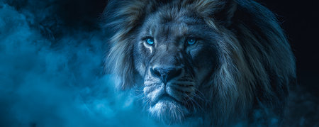 Big male lion with blue smoke on black background, panoramic bannerの素材