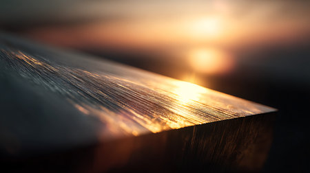 Wooden bench in the rays of the setting sun. Selective focus.の素材