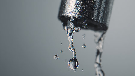 Spray bottle with water drops on gray background, close-upの素材