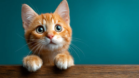 Cute ginger kitten with blue eyes sits on a wooden table.の素材