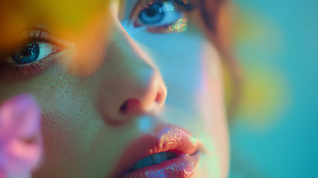 Close-up portrait of a beautiful young woman with bright makeup.の素材