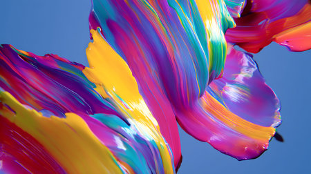 Colorful brushstrokes of paint on a background of blue skyの素材