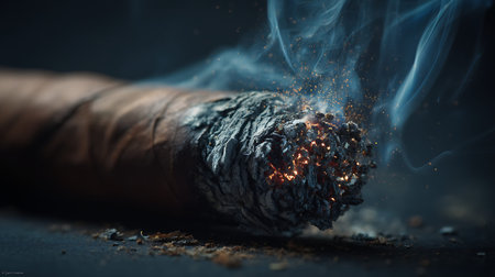Close-up of burning cigar on black background. Cigarette smoking conceptの素材