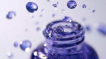 Close-up of nail polish bottle with water drops on white backgroundの素材