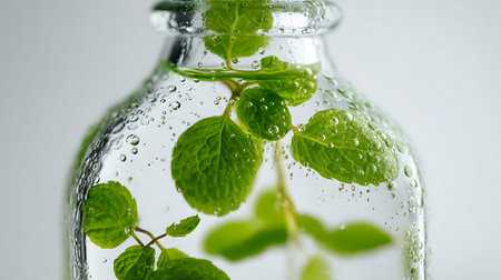 Mint leaves in a bottle with water on a white background.の素材