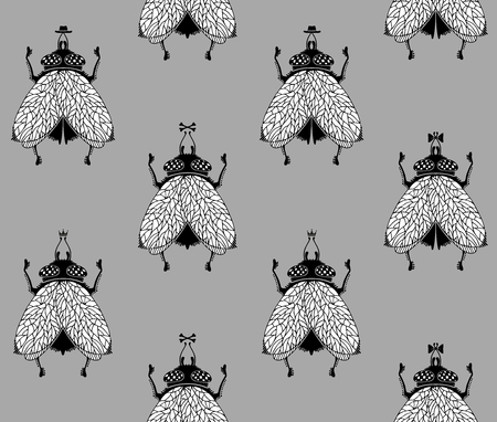 Flies on grey background. pattern illustration.のイラスト素材