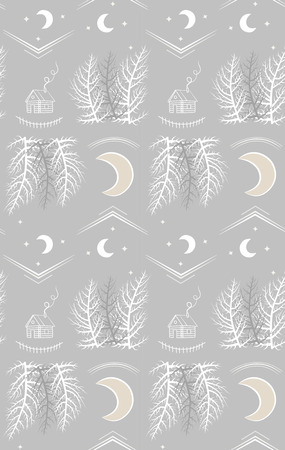 Night forest with county lodge and moon. pattern illustration.のイラスト素材