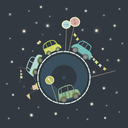 Vector illustration of cars in big space. Cars goes around the world.のイラスト素材