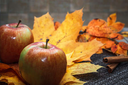 Ripe autumn apples on a background of orange leaves