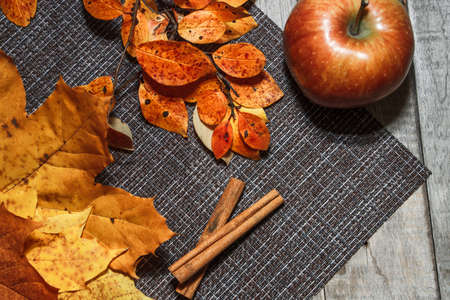 Ripe autumn apples on a background of orange leaves