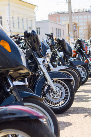 Opening of the motorcycle season in the spring. Motorcycles at a parade in the city.の写真素材