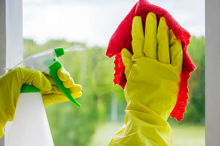Washing windows. A young woman sprays a detergent and wipes the glass. Home cleaning concept.の写真素材