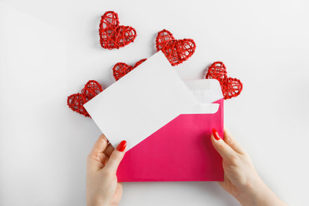 Envelope with a letter in hands on a white background. Pink envelope in hands and red hearts on a white background for Valentine's Day. Blank sheet - concept for design.の写真素材