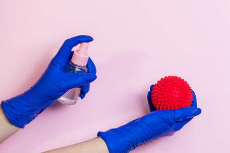 Disinfection and cleaning of dog toys. The concept of preventive protection against coronavirus. Health care during a pandemic.の写真素材