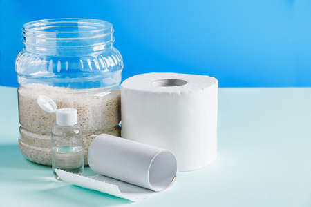 The concept of essential goods under home quarantine - toilet paper, rice, antiseptic. The...
