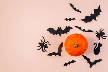 Happy Halloween. Bats and pumpkin on a pink pastel background. Place for text.の写真素材